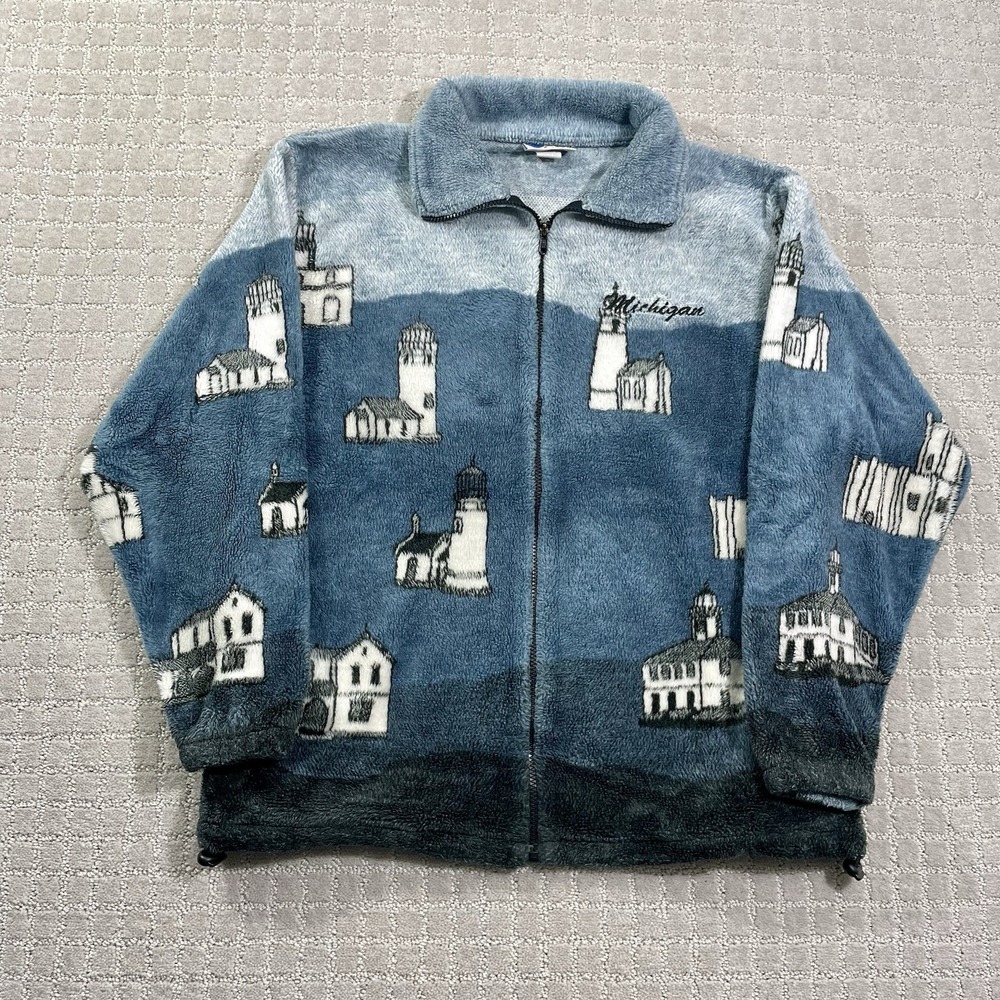 Vintage 90s Michigan Lighthouse Fleece Size Medium Great Lakes Full Zip Jacket‎